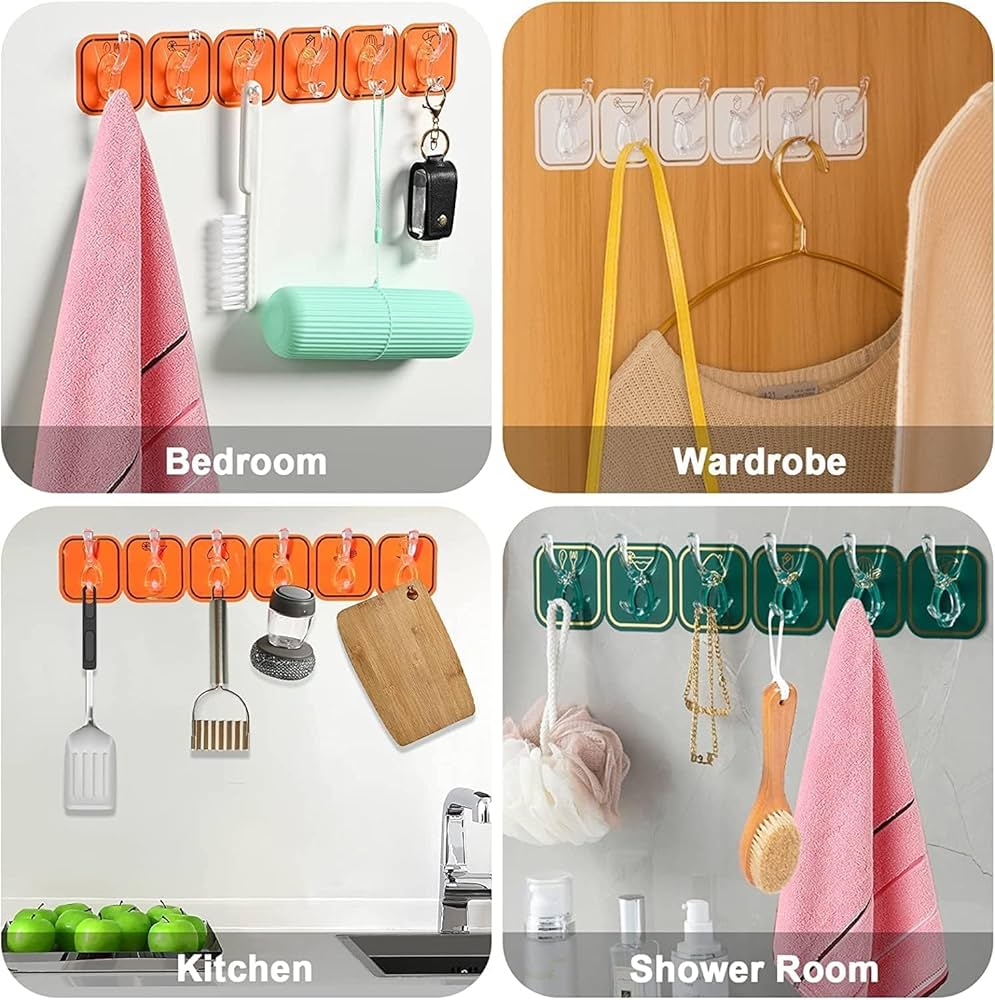(Pack of 2) Wall Mounted Punch Free Strong Self Adhesive Stylish 6 Hook in Row For Home and Outdoor Use